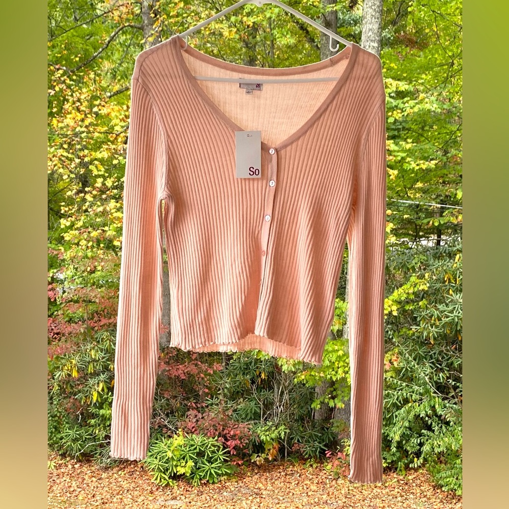 SO Women’s Cropped Cardigan Acrylic Ribbed Sweater Long Sleeve Size Large
